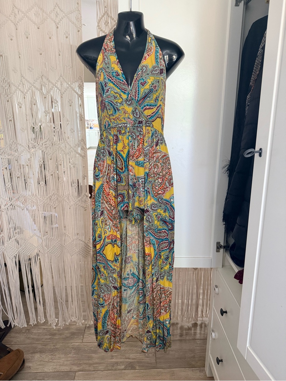 Band of Gypsies Yellow Paisley Halter Maxi Jumpsuit